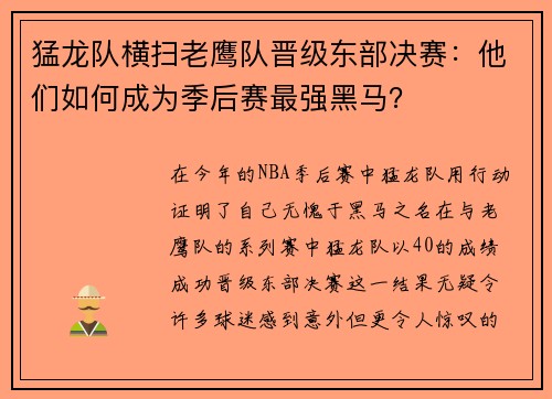 猛龙队横扫老鹰队晋级东部决赛：他们如何成为季后赛最强黑马？