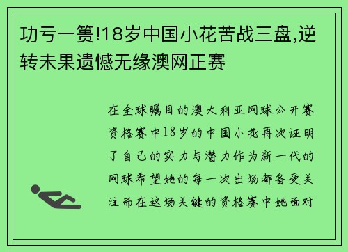 功亏一篑!18岁中国小花苦战三盘,逆转未果遗憾无缘澳网正赛